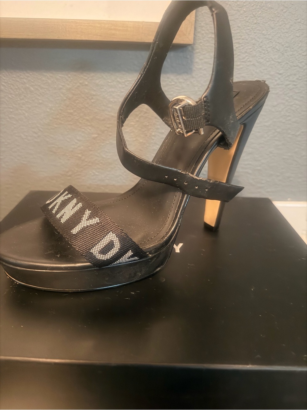 DKNY Black Strappy High Heel Sandals with Logo Strap